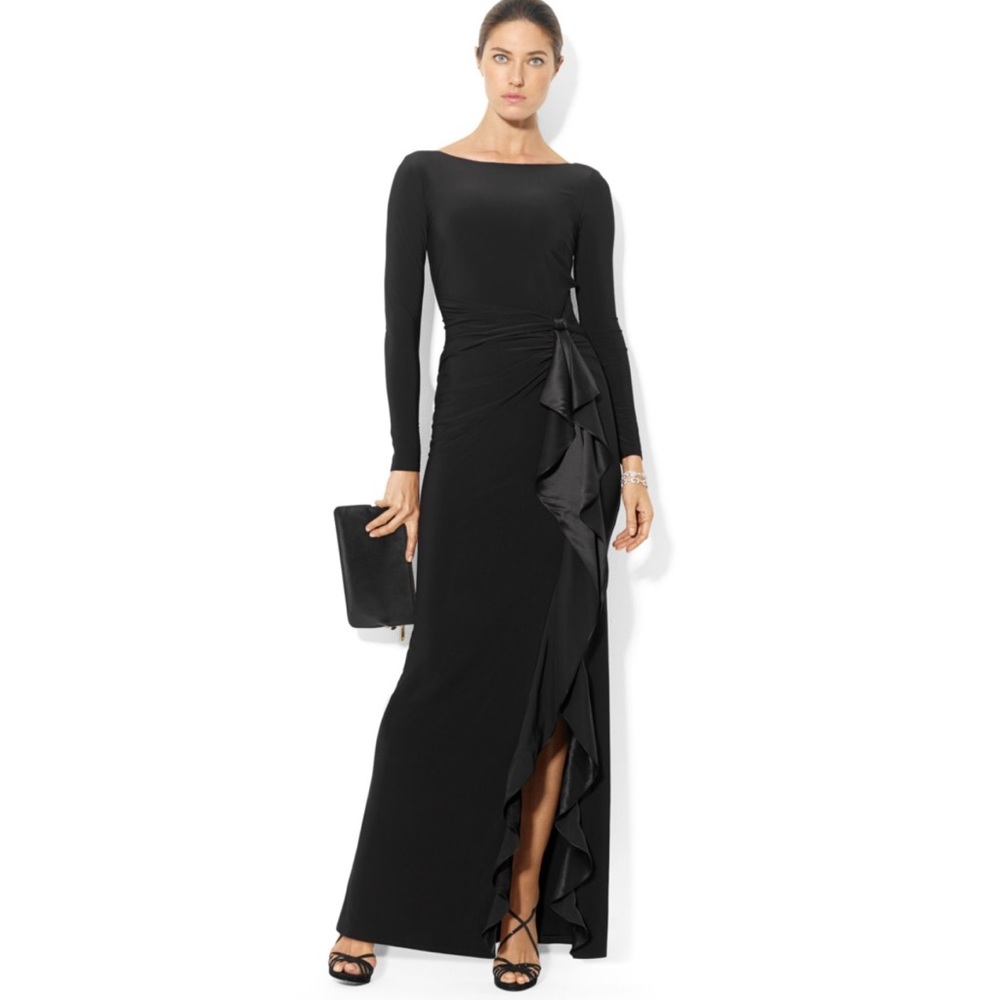 Womens Ralph Lauren long black faux wrap dress with ruffled side slit size 14/12